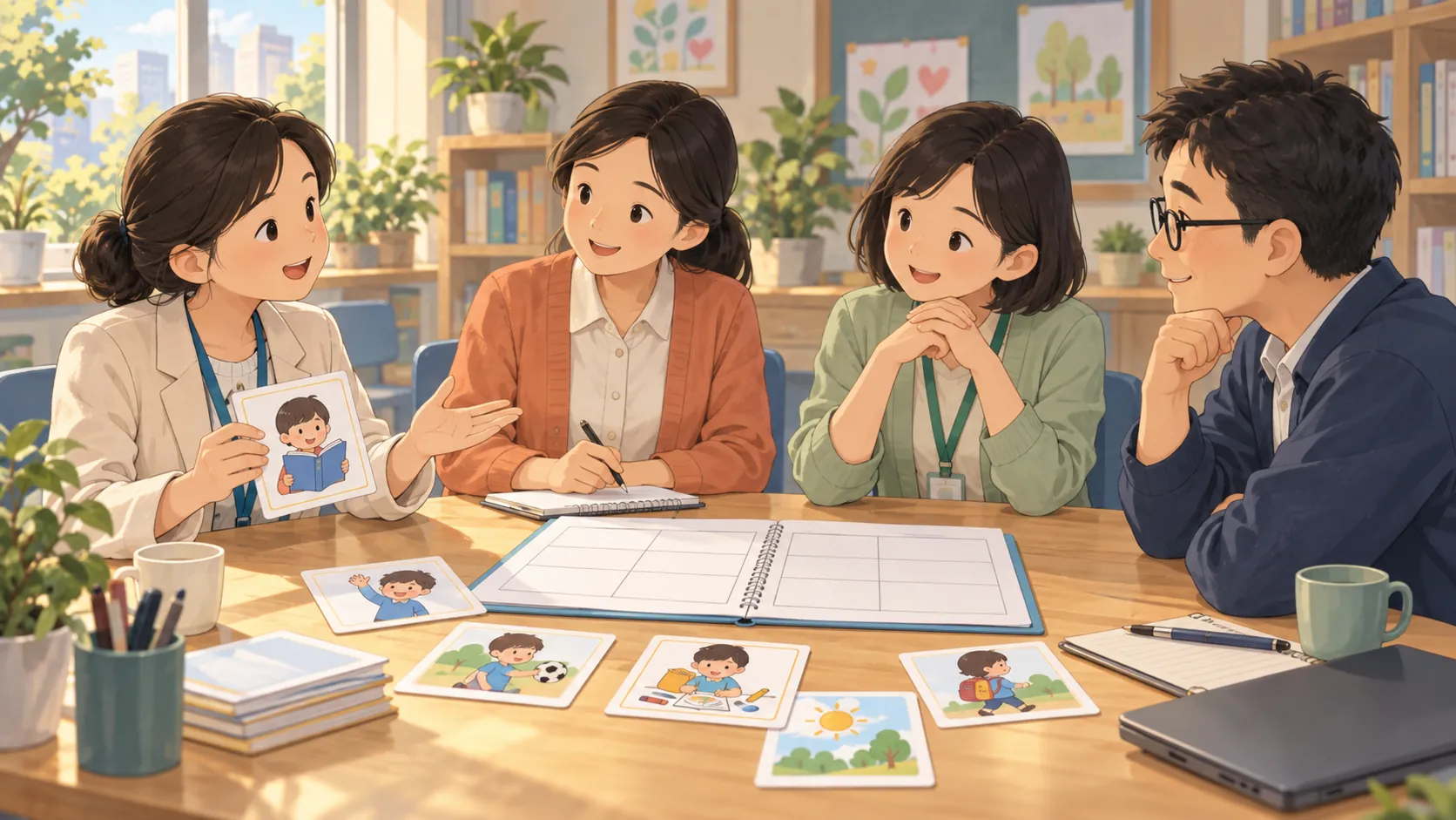 专业人员与学校教师讨论学生支持计划的场景插画